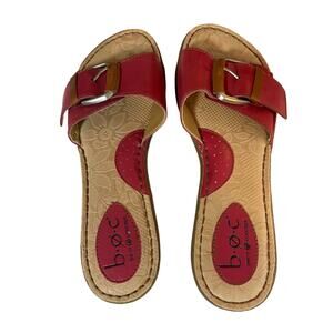 b.o.c. by Born Red Leather Single Strap Big Buckle Slide Sandal Size 9
